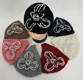 Wide Hand Knitted Ear Band [Rhinestone Flower]